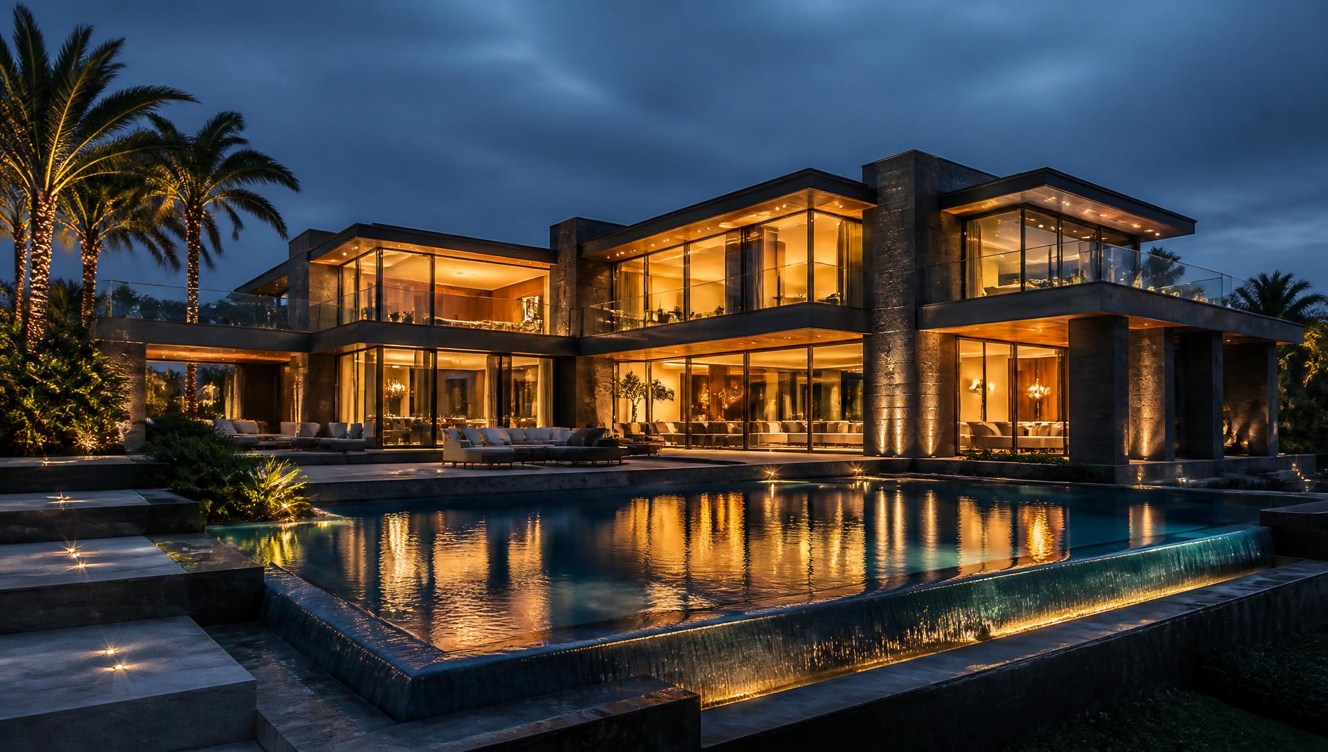 Luxury chrome and glass waterfront home at dusk in South Florida